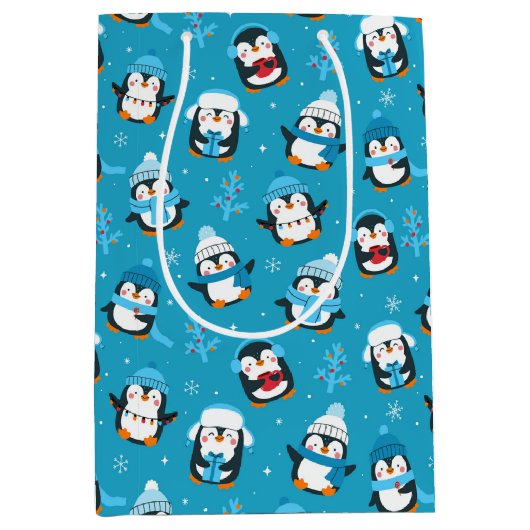 楽しいクリスマス 冬のペンギン  ミディアムペーパーバッグ (正面)