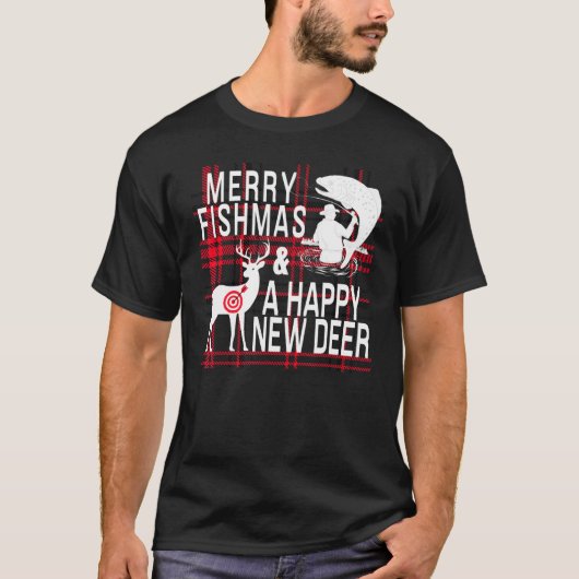 楽しいクリスマス 釣り 狩猟 魚 鹿 ファストフード Tシャツ (正面)