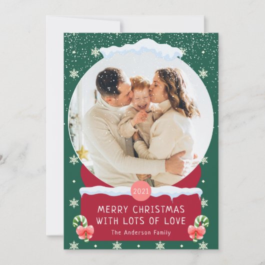 楽しいグリーン メリークリスマス スノーグローブ フォトカード 招待状 (正面)