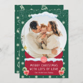 楽しいグリーン メリークリスマス スノーグローブ フォトカード 招待状 (正面/裏面)