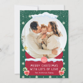 楽しいグリーン メリークリスマス スノーグローブ フォトカード 招待状