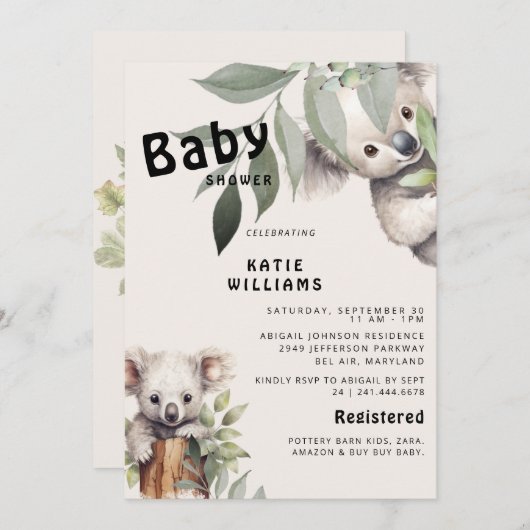楽しいコアラベア ベージュ オー ボーイ!ベイビーシャワー 招待状 (正面/裏面)