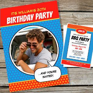 楽しいコミックスタイルのあらゆる年齢の誕生日パーティーBBQ青 招待状