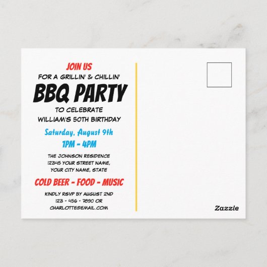 楽しいコミックスタイルのオレンジ色のバーベキュー誕生日パーティー（どんな年齢でもＯＫ！） ポストカード (裏面)