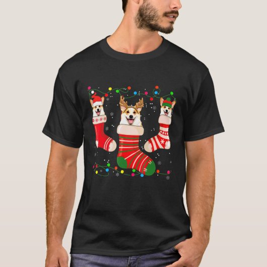 楽しいコーギー靴下クリスマスライトソックス Xmas Tシャツ (正面)