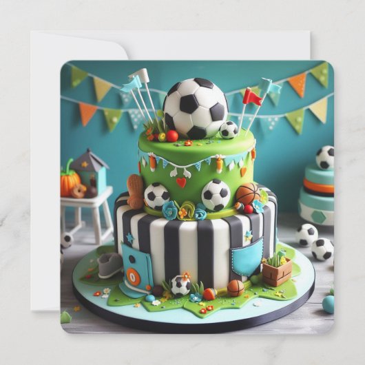 楽しいサッカーをテーマにした子供の誕生日ケーキ カード (正面)
