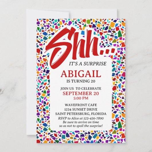 楽しいサプライズカラフル誕生日 招待状 (正面)