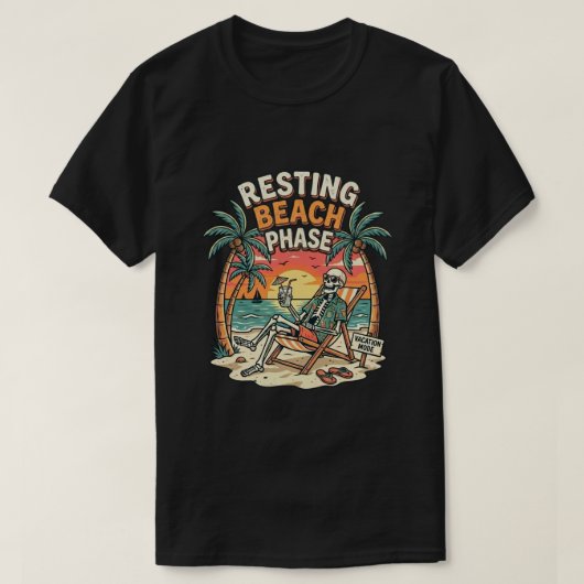 楽しいサマービーチでリラックスするスケルトン Tシャツ (デザイン正面)
