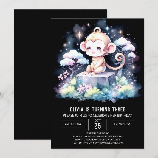 楽しいサル誕生日 招待状 (正面/裏面)