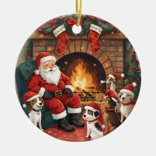楽しいサンタとペットのクリスマス セラミックオーナメント (正面)