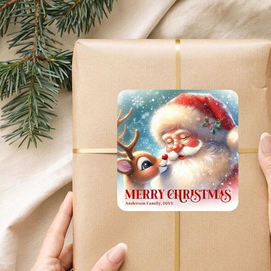 楽しいサンタ ルドルフのクリスマスの子供たちの名前入りデザイン スクエアシール