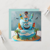 楽しいサーフィンの誕生日ケーキ カード (正面/裏面インサイチュ)