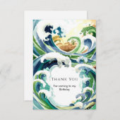 楽しいシンプルな青い海の波のお誕生日 サンキューカード (正面/裏面)