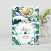 楽しいシンプルな青い海の波の誕生日 招待状 (スタンド正面)