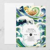 楽しいシンプルな青い海の波の誕生日 招待状 (正面/裏面)