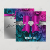 楽しいスイート16パーティーの招待状 ピンクとシルバーのペコちゃんのリボン 招待状 (正面/裏面)