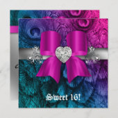 楽しいスイート16パーティーの招待 くじゃくの弓 ピンク シルバー 招待状 (正面/裏面)