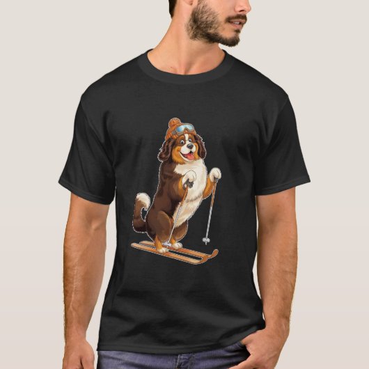 楽しいスキーを楽しむキャラクター犬 Tシャツ (正面)