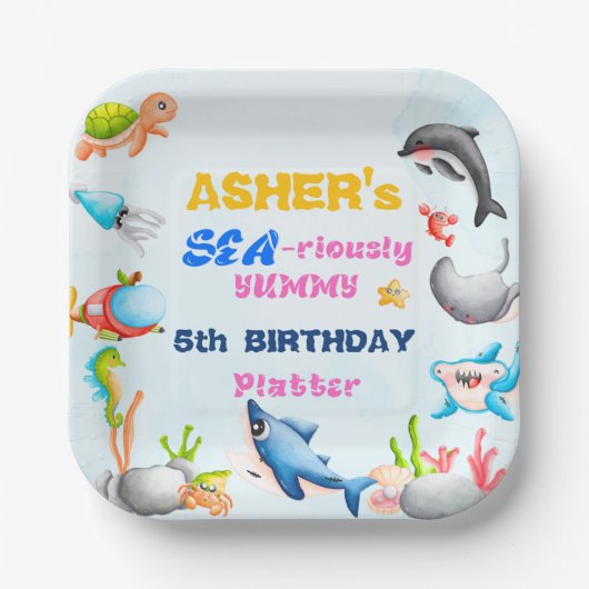 楽しいスクエア型の海底海洋保護者の誕生日 ペーパープレート (正面)