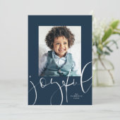 楽しいスクリプト1枚のフォトネイビーのクリスマス シーズンカード (スタンド正面)