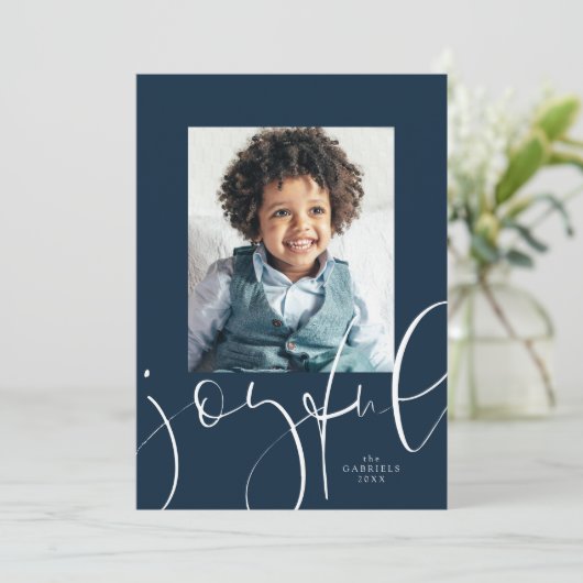 楽しいスクリプト1枚のフォトネイビーのクリスマス シーズンカード (スタンド正面)