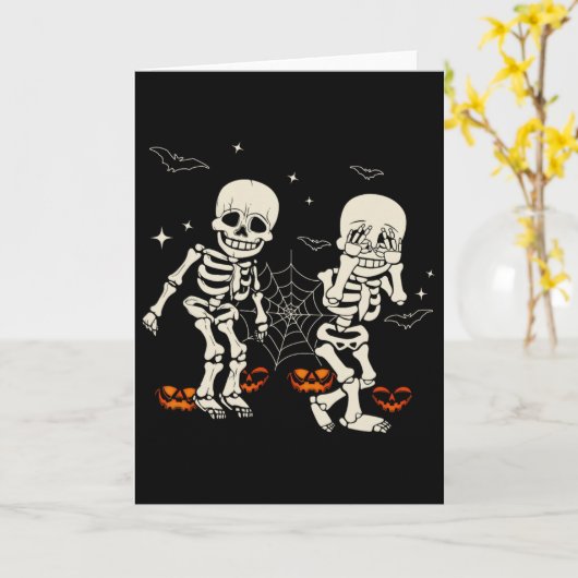 楽しいスケルトンの子供たちのGriddyダンスのハロウィントリックO カード (黄色い花)