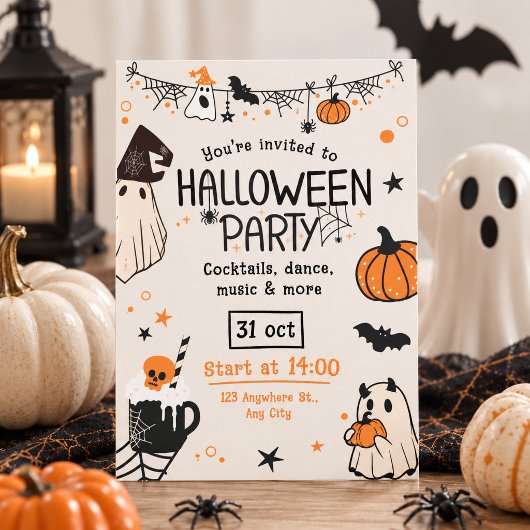 楽しいスプーキーオレンジとブラックのハロウィンパーティー 招待状