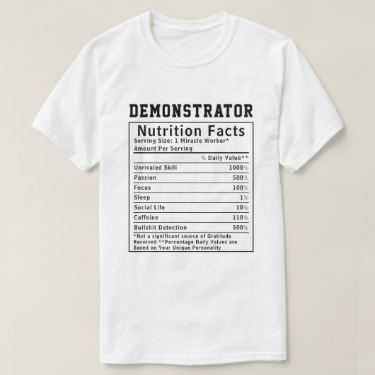 楽しいデモンストレーター栄養表示セールスレップギフト Tシャツ (デザイン正面)