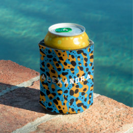 楽しいトレンディブルーオレンジ チーター ヒョウ柄 名前入り 缶クーラー