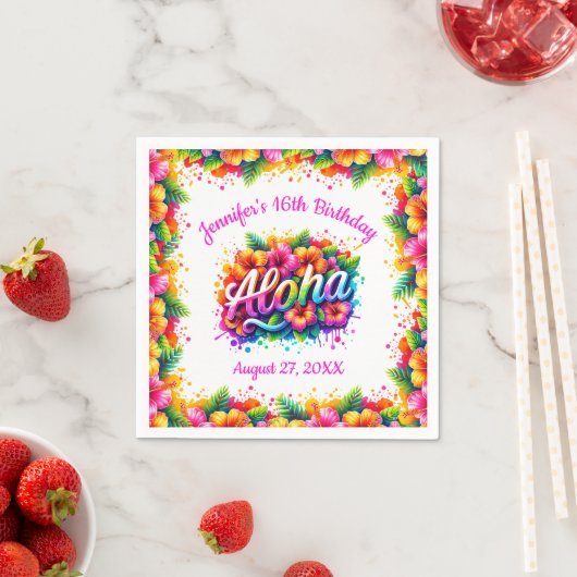楽しいトロピカルアロハ誕生日ルアウパーティー スタンダードカクテルナプキン (インサイチュ)