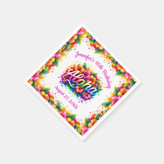 楽しいトロピカルアロハ誕生日ルアウパーティー スタンダードカクテルナプキン (角)