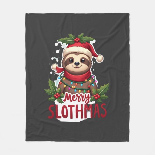 楽しいナマケモノのクリスマスライト メリー・スロスマス ナマケモノのクリスマス フリースブランケット (正面)