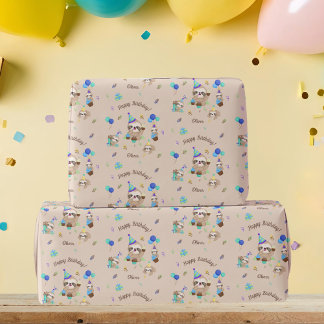 楽しいナマケモノの誕生日パーティーブルーテーマキッズ ラッピングペーパー