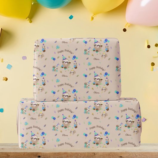 楽しいナマケモノの誕生日パーティーブルーテーマキッズ ラッピングペーパー