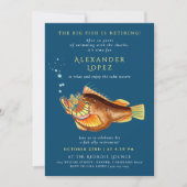 楽しいネイビーブルーの大きな魚の上司の引退 水彩魚 招待状 (正面)