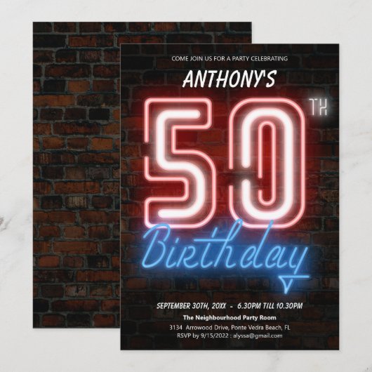 楽しいネオンレトロ50歳誕生日パーティー招待状 招待状 (正面/裏面)