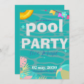 楽しいネオン グロー ブルー グリーン プールパーティー男子誕生日 招待状 (正面/裏面)