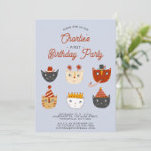 楽しいネコのパーソナライズされた1歳の誕生日パーティー招待状 招待状 (スタンド正面)