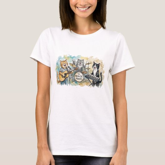 楽しいネコバンド 音楽 ピアノ ドラム キーボード Tシャツ (正面)