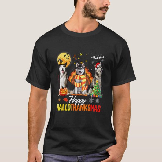 楽しいハスキー犬 ハッピー ハロサンクスマス ハロウィン Tシャツ (正面)