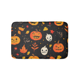 楽しいハロウィンのかぼちゃと葉のプリント バスマット