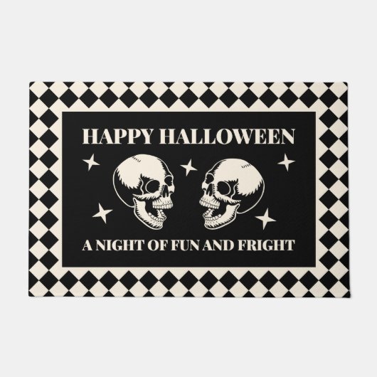 楽しいハロウィン 怖いドクロ 黒 ドアマット (正面)