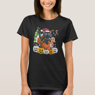 楽しいハロサンキューおしゃれ黒猫サンタ帽子七面鳥 Tシャツ