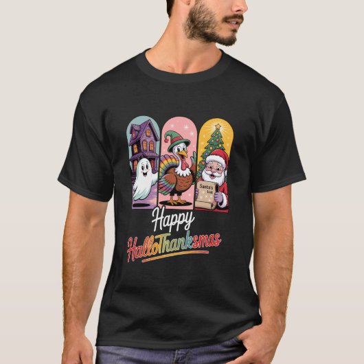 楽しいハロサンキューゴーストターキーデザイン Tシャツ (正面)