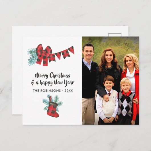 楽しいバフアロープリントの伐採作業員クマのクリスマス写真 シーズンポストカード (正面/裏面)