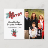 楽しいバフアロープレイドの伐採作業員クマのクリスマス写真 シーズンポストカード (正面)