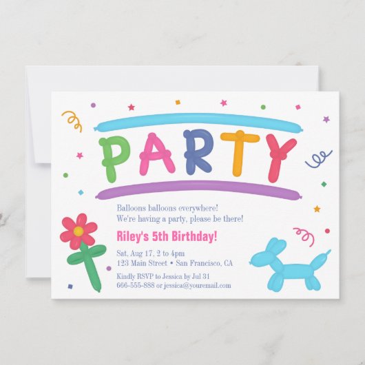 楽しいバルーンアートの子供の誕生日パーティーの招待状 招待状 (正面)