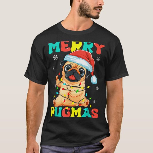 楽しいパグマス パグのクリスマス サンタパグ クリスマスライト D Tシャツ (正面)