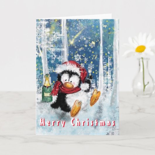 楽しいパーティーペンギン面白いクリスマスカード カード (小さな植物)