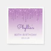 楽しいパープルグリッター ドリップ 80歳の誕生日パーティー スタンダードカクテルナプキン (正面)
